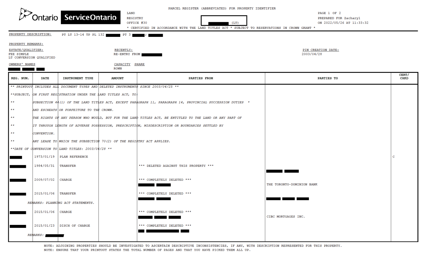 Sample Parcel Register